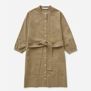 Everlane Cotton Weave Collarless Shirt Dress Olive Puff Sleeve w Tie Belt